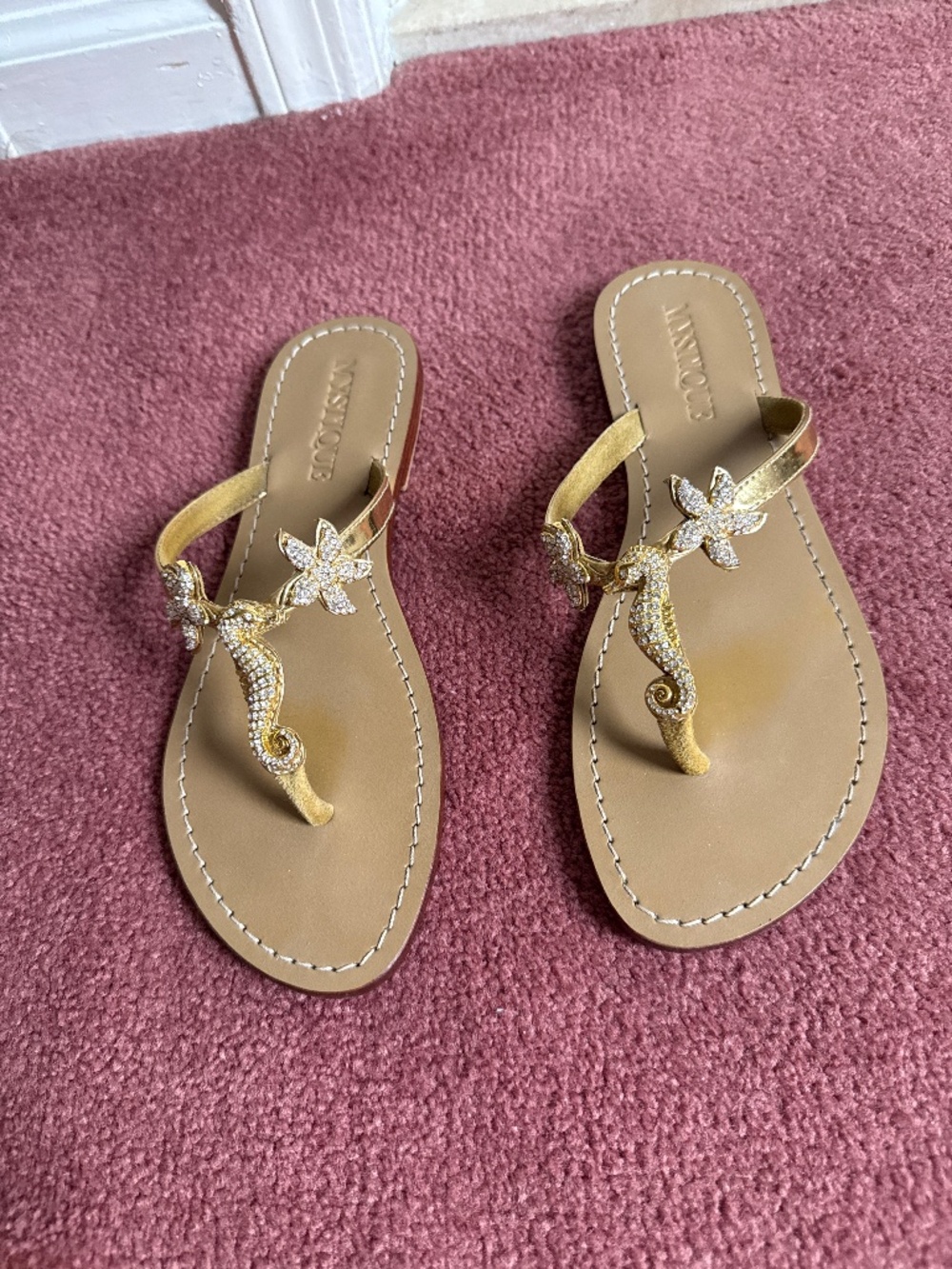 Mystique Metallic Gold Leather Sandals With Rhinestone Seahorses and Starfish